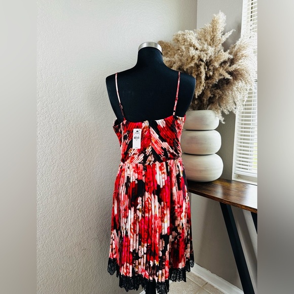 Floral V-Neck Pleated Lace Trim Mini Dress - Picture 7 of 9